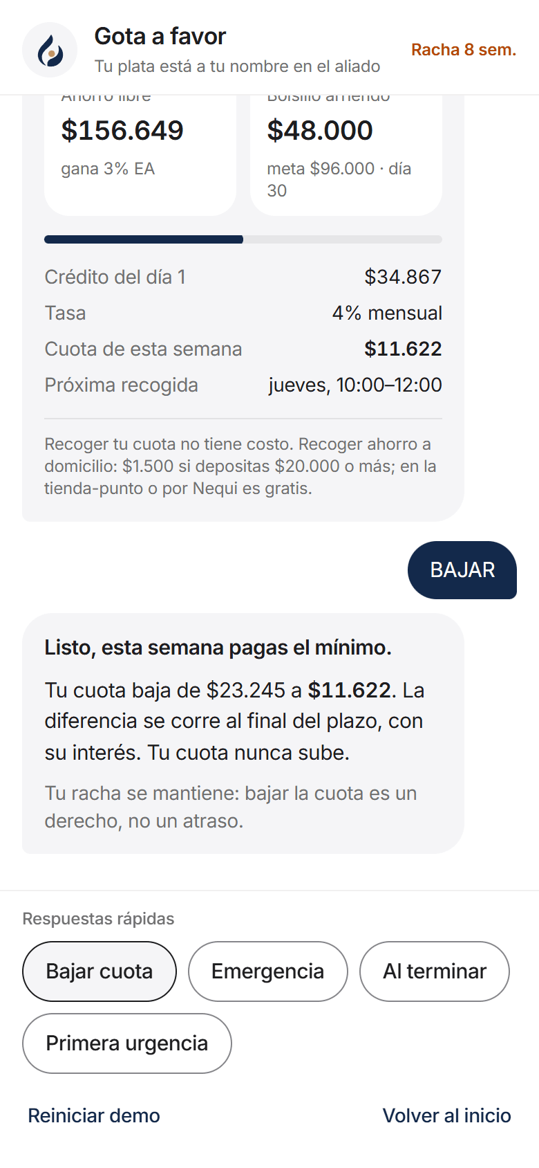 El chat del cliente: extracto semanal con ahorro, bolsillo arriendo y cuota de la semana